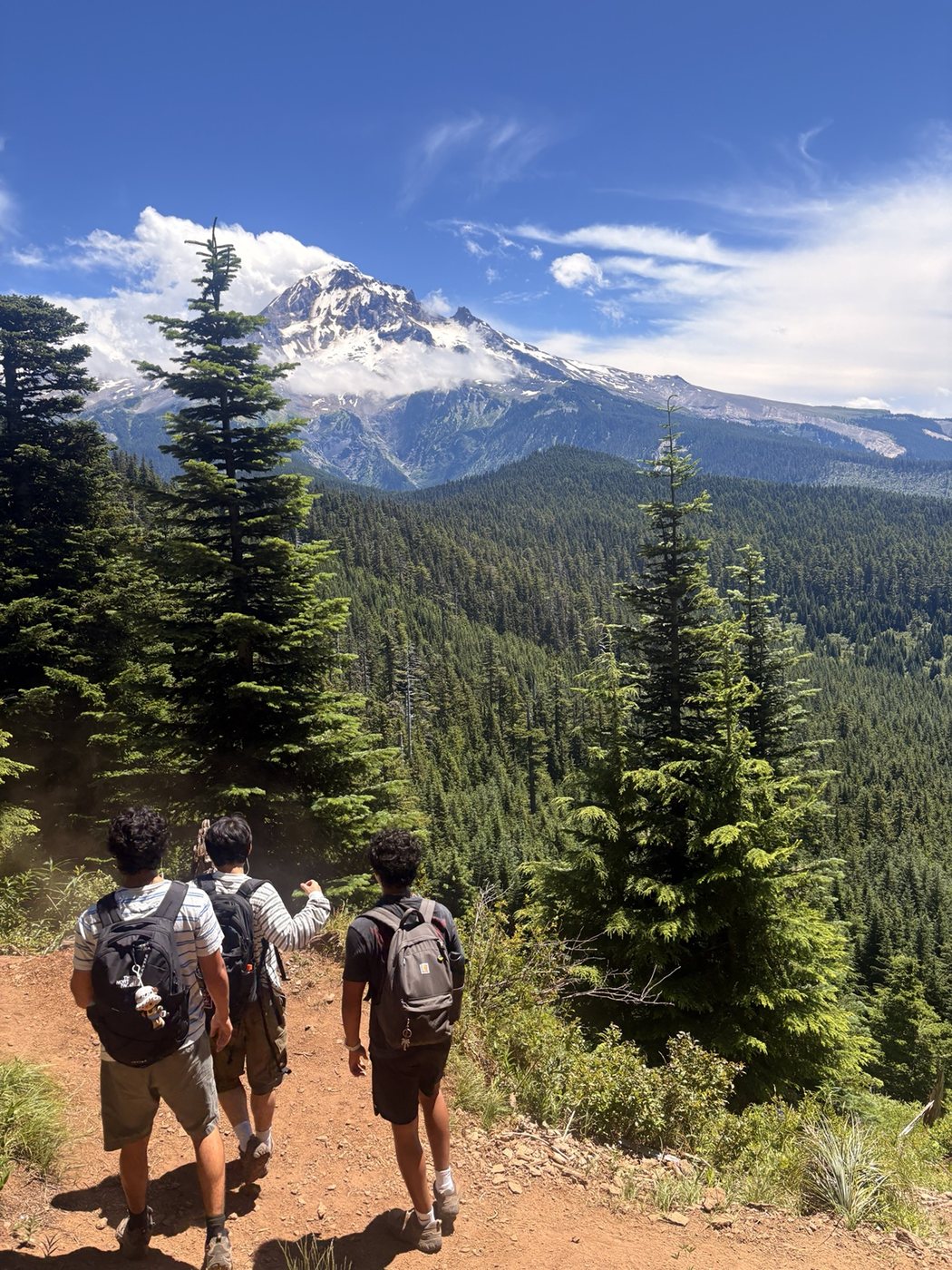 Hiking with friends toward a snowy mountain